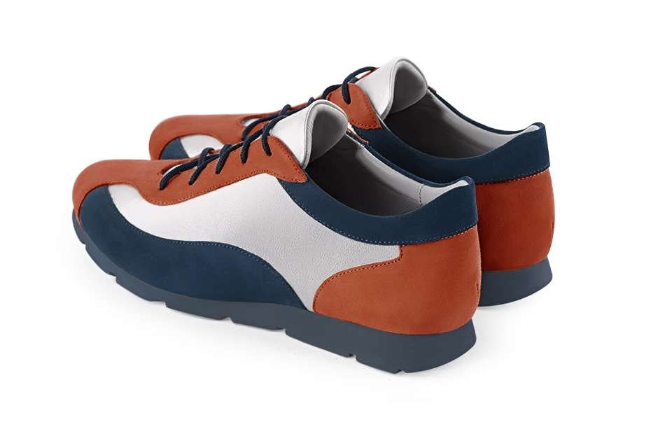 Terracotta orange, light silver and navy blue women's elegant sneakers. Round toe. Flat rubber soles. Rear view - Florence KOOIJMAN